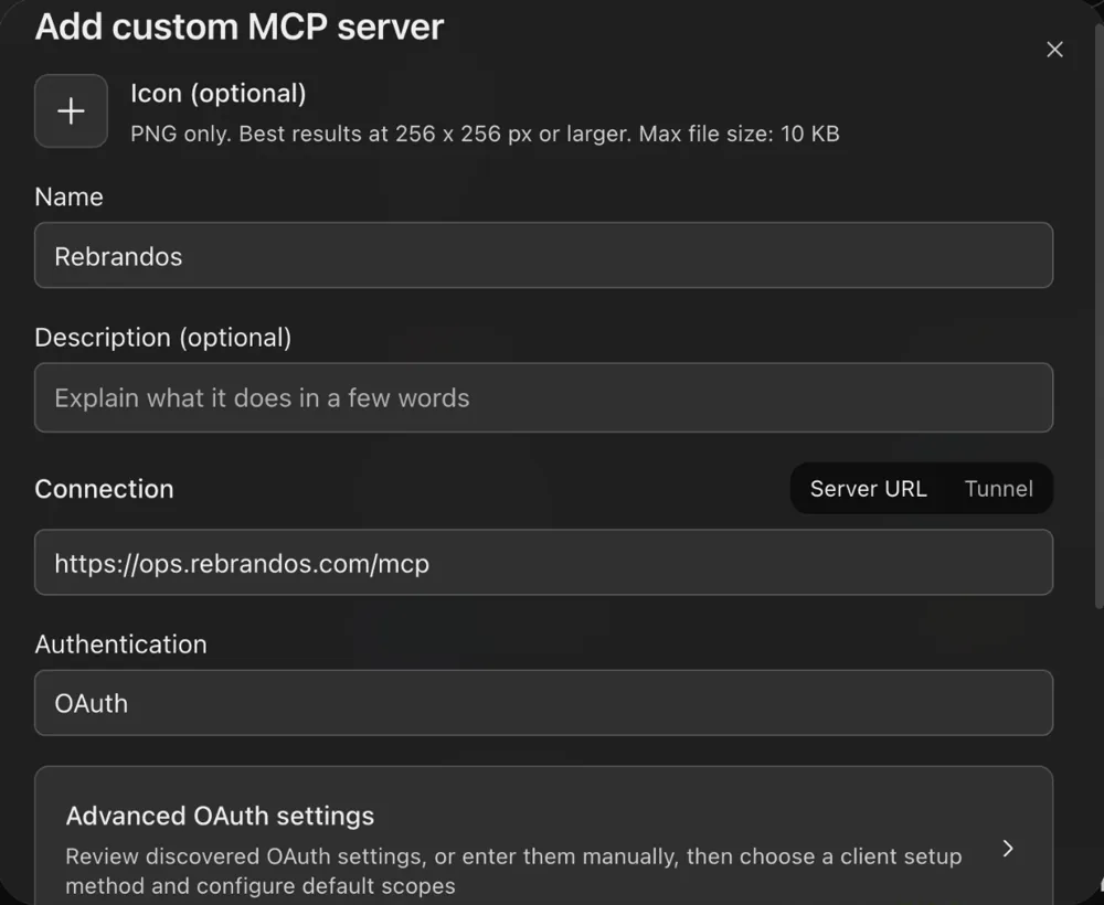 ChatGPT’s Add custom MCP server form with the name ReBrandOS, the server URL https://ops.rebrandos.com/mcp and OAuth authentication