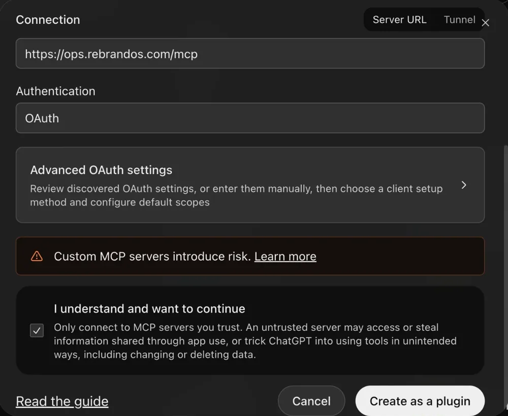 The bottom of the ChatGPT form with the risk notice, the I understand checkbox ticked and the Create as a plugin button