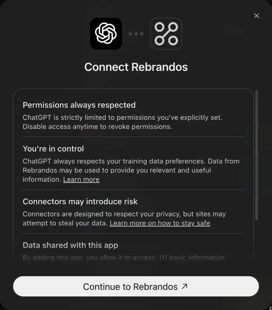 ChatGPT’s Connect dialog explaining permissions, with a Continue to ReBrandOS button