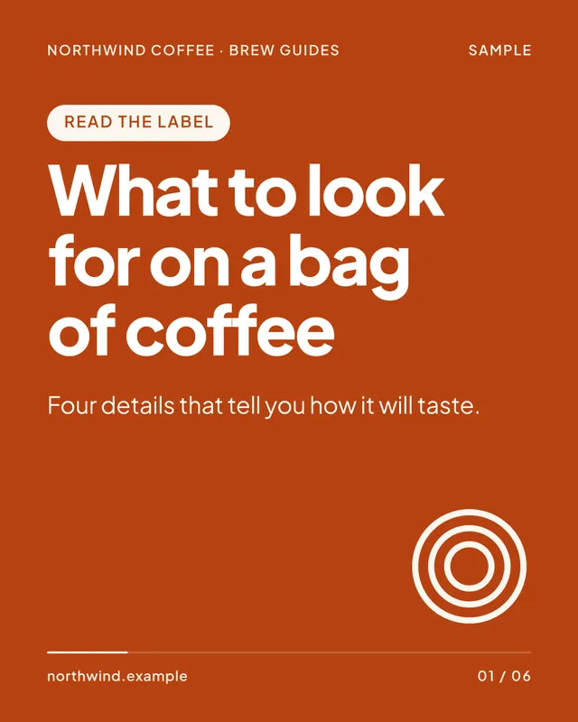Sample slide 1 of 6: Read the label. What to look for on a bag of coffee. Four details that tell you how it will taste.