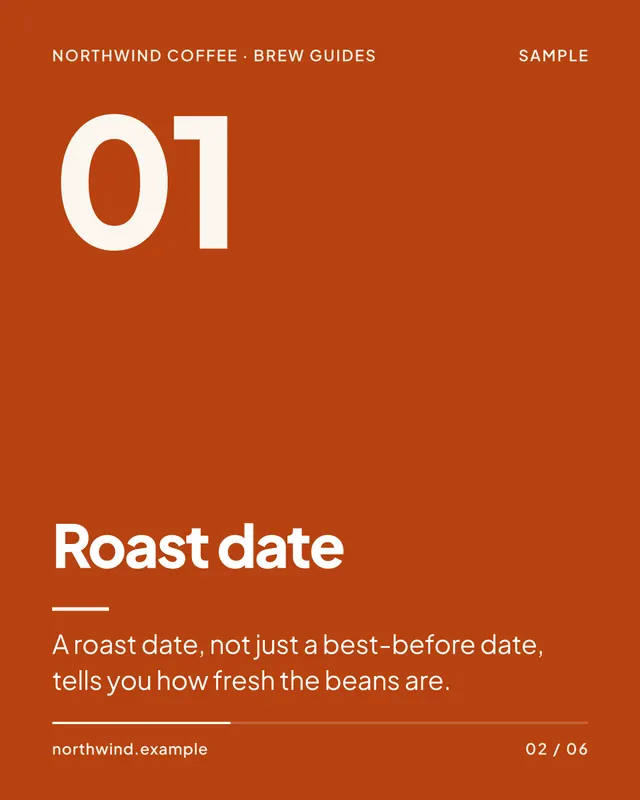 Sample slide 2 of 6: 01. Roast date. A roast date, not just a best-before date, tells you how fresh the beans are.