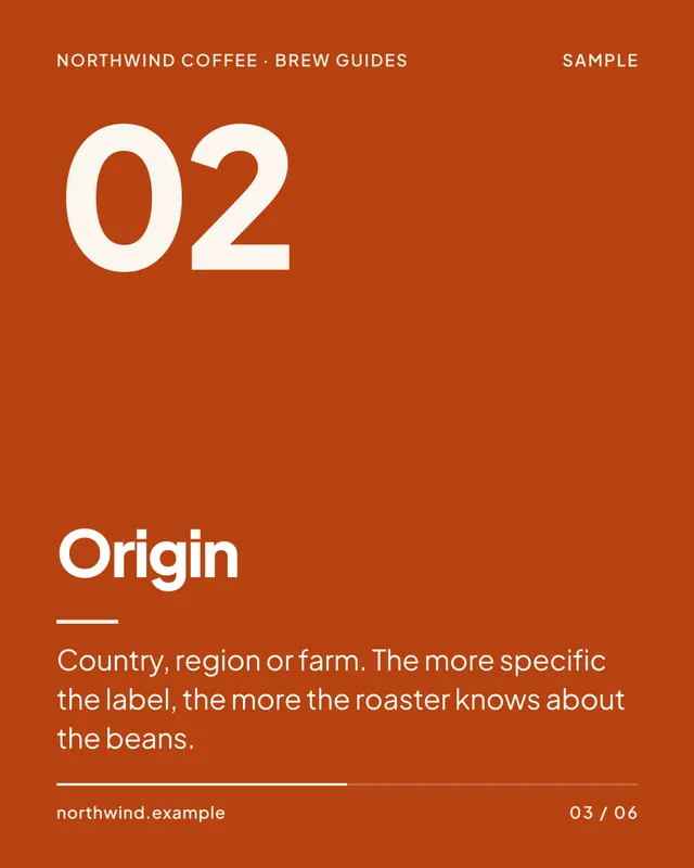Sample slide 3 of 6: 02. Origin. Country, region or farm. The more specific the label, the more the roaster knows about the beans.