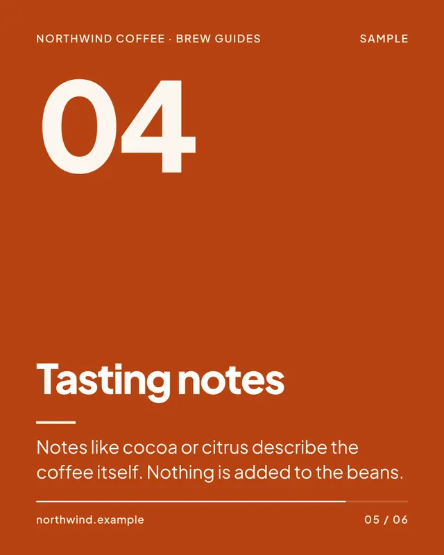 Sample slide 5 of 6: 04. Tasting notes. Notes like cocoa or citrus describe the coffee itself. Nothing is added to the beans.