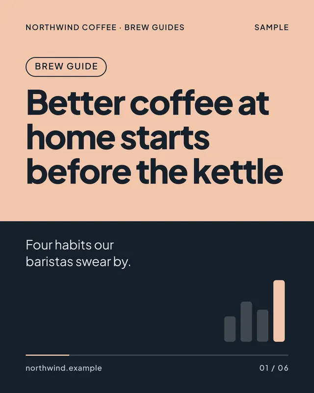 Sample slide 1 of 6: Brew guide. Better coffee at home starts before the kettle. Four habits our baristas swear by.