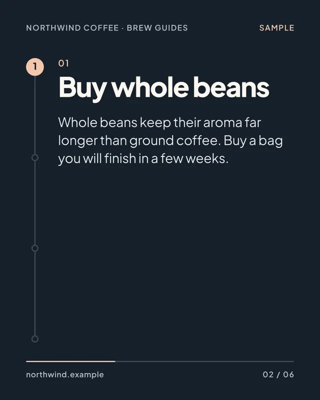 Sample slide 2 of 6: 01. Buy whole beans. Whole beans keep their aroma far longer than ground coffee. Buy a bag you will finish in a few weeks.