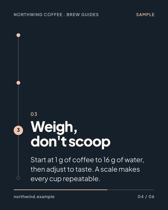 Sample slide 4 of 6: 03. Weigh, don't scoop. Start at 1 g of coffee to 16 g of water, then adjust to taste. A scale makes every cup repeatable.